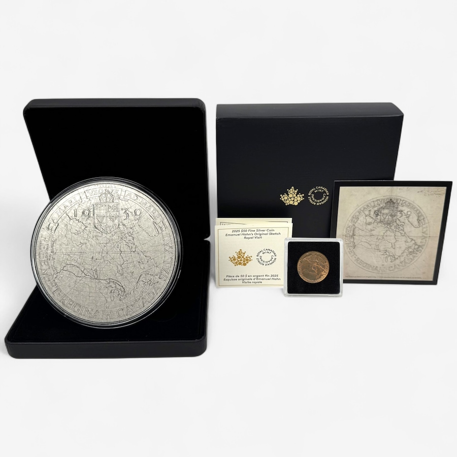 Image 701509.jpg, Product 701-509 / Price $999.95, 2025 $50 Five-Ounce Fine Silver 1939 Royal Visit Medallion Sketch Design Large 110 mm with Exclusive Bonus Original 1939 Bronze Royal Visit Medallion from Royal Canadian Mint (RCM) on TSC.ca's Coins department