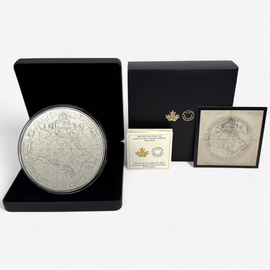 Image 701509_ALTMORE1.jpg, Product 701-509 / Price $999.95, 2025 $50 Five-Ounce Fine Silver 1939 Royal Visit Medallion Sketch Design Large 110 mm with Exclusive Bonus Original 1939 Bronze Royal Visit Medallion from Royal Canadian Mint (RCM) on TSC.ca's Coins department