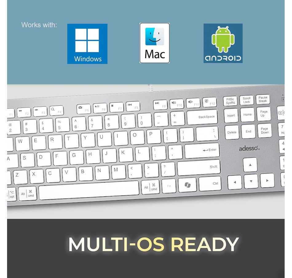 Image 701525_ALTMORE4.jpg, Product 701-525 / Price $59.99, Adesso EasyTouch 730 USB C Multi-OS Scissor Switch Keyboard with Copilot AI Hotkey from Adesso on TSC.ca's Electronics department