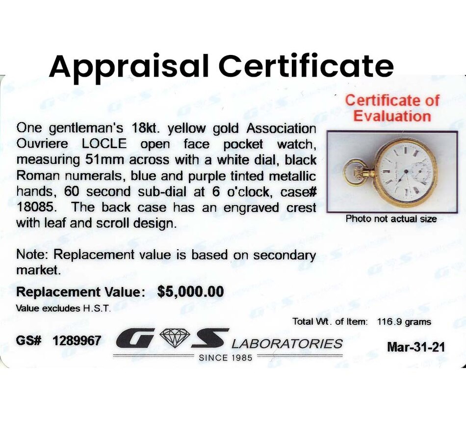 Image 701845_ALTMORE5.jpg, Product 701-845 / Price $4,995.00, 18KT Yellow Gold Association Ouvriere LOCLE Open Face Pocket Watch from Estate Originals on TSC.ca's Jewellery department