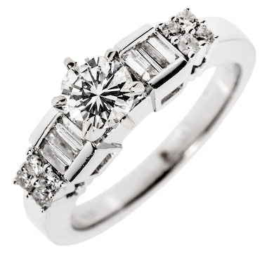 14KT White Gold Fancy .82CTW  Round Brilliant and Baguette Cut Diamond Engagement Ring, .51CT Center Stone