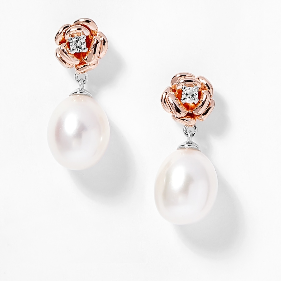 Image 702289.jpg, Product 702-289 / Price $167.99, AMOUR Pearls Sterling Silver Rose Gold Plate 8.5-9mm Cultured Freshwater Pearl & White Sapphire Floral Earrings from Amour Pearls on TSC.ca's Jewellery department