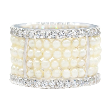 Diamonelle Sterling Silver White Pearl & Diamonelle Band Ring