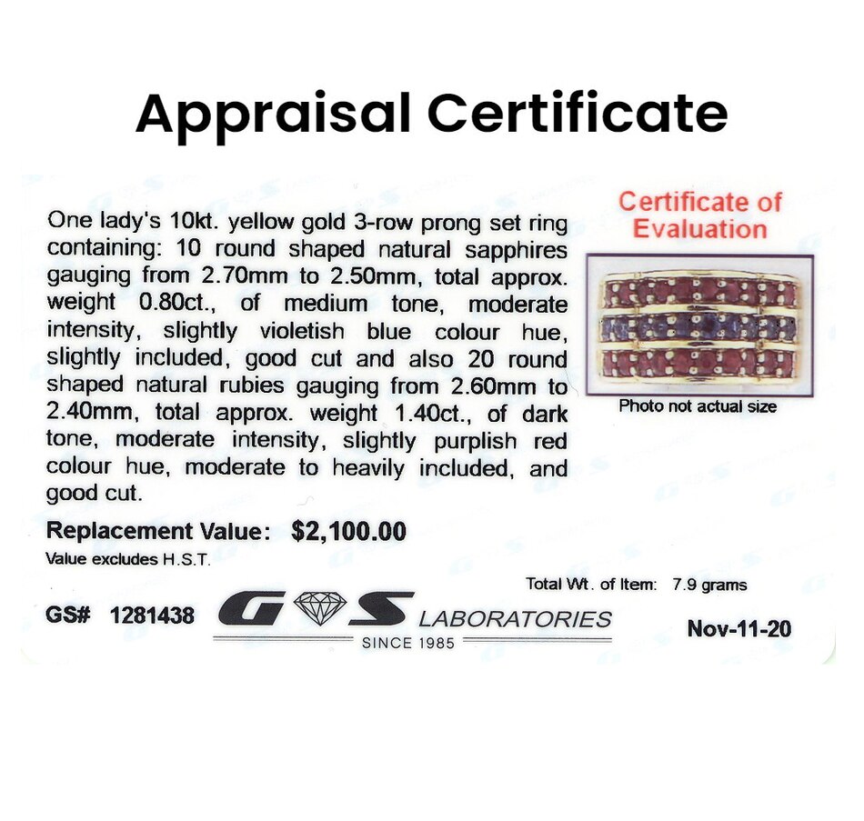 Image 702360_ALTMORE3.jpg, Product 702-360 / Price $1,295.00, 10KT Yellow Gold 3-Row Ruby and Sapphire Scalloped Band Style Ring from Estate Originals on TSC.ca's Jewellery department