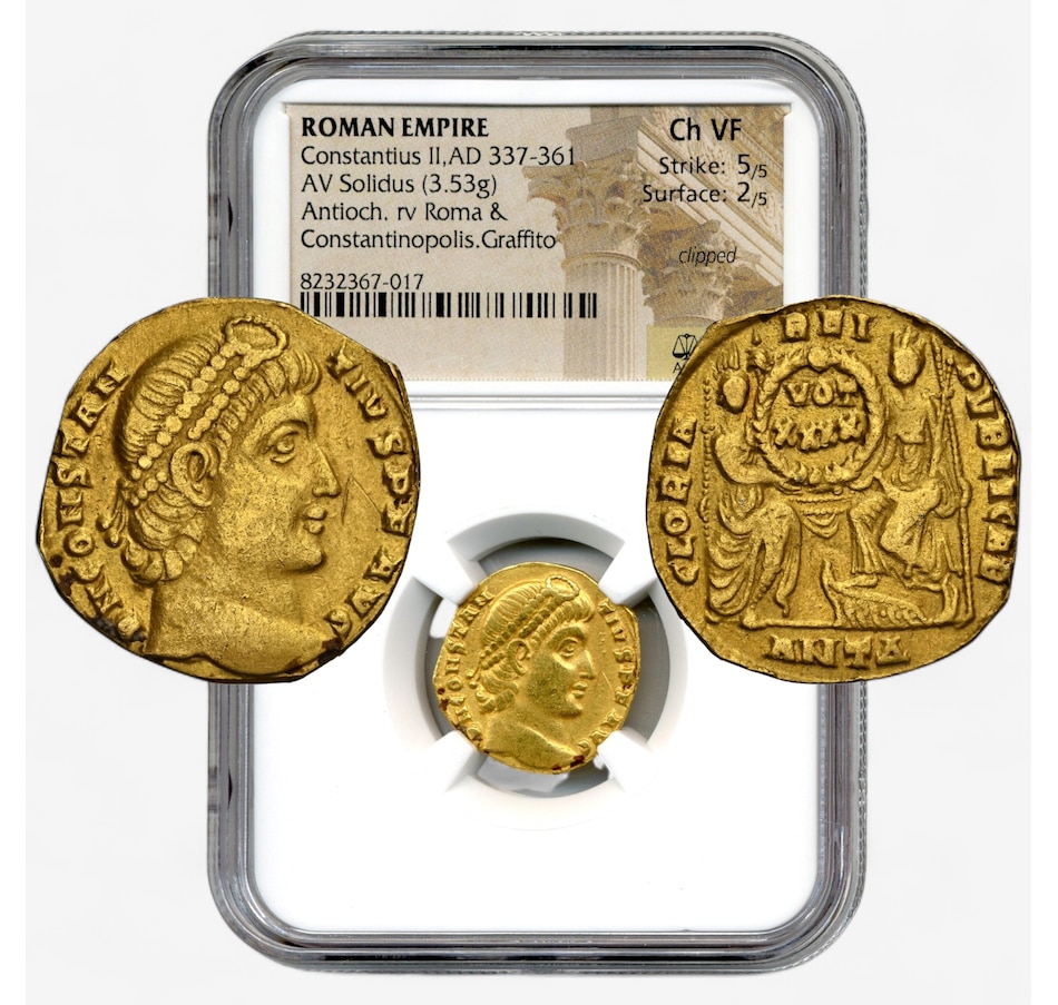 Image 702570.jpg, Product 702-570 / Price $3,250.00, Roman Gold Solidus Coin Emperor Constantius II, 337–361 AD, NGC Certified Choice Very Fine (Strike 5/5, Surface 2/5) from Canadian Coin & Currency on TSC.ca's Coins department