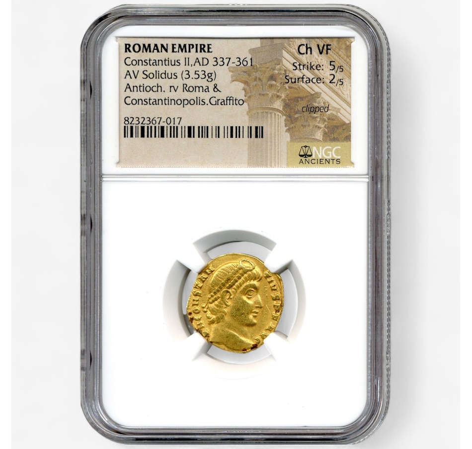Image 702570_ALTMORE1.jpg, Product 702-570 / Price $3,250.00, Roman Gold Solidus Coin Emperor Constantius II, 337–361 AD, NGC Certified Choice Very Fine (Strike 5/5, Surface 2/5) from Canadian Coin & Currency on TSC.ca's Coins department