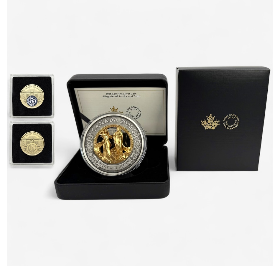Image 702577.jpg, Product 702-577 / Price $899.95, 2025 $50 Allegory of Justice and Truth Fine Silver Coin plus Two Bonus Supreme Dollar Coins from Royal Canadian Mint (RCM) on TSC.ca's Coins department
