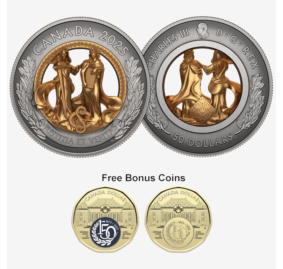 Image 702577_ALTMORE1.jpg, Product 702-577 / Price $899.95, 2025 $50 Allegory of Justice and Truth Fine Silver Coin plus Two Bonus Supreme Dollar Coins from Royal Canadian Mint (RCM) on TSC.ca's Coins department