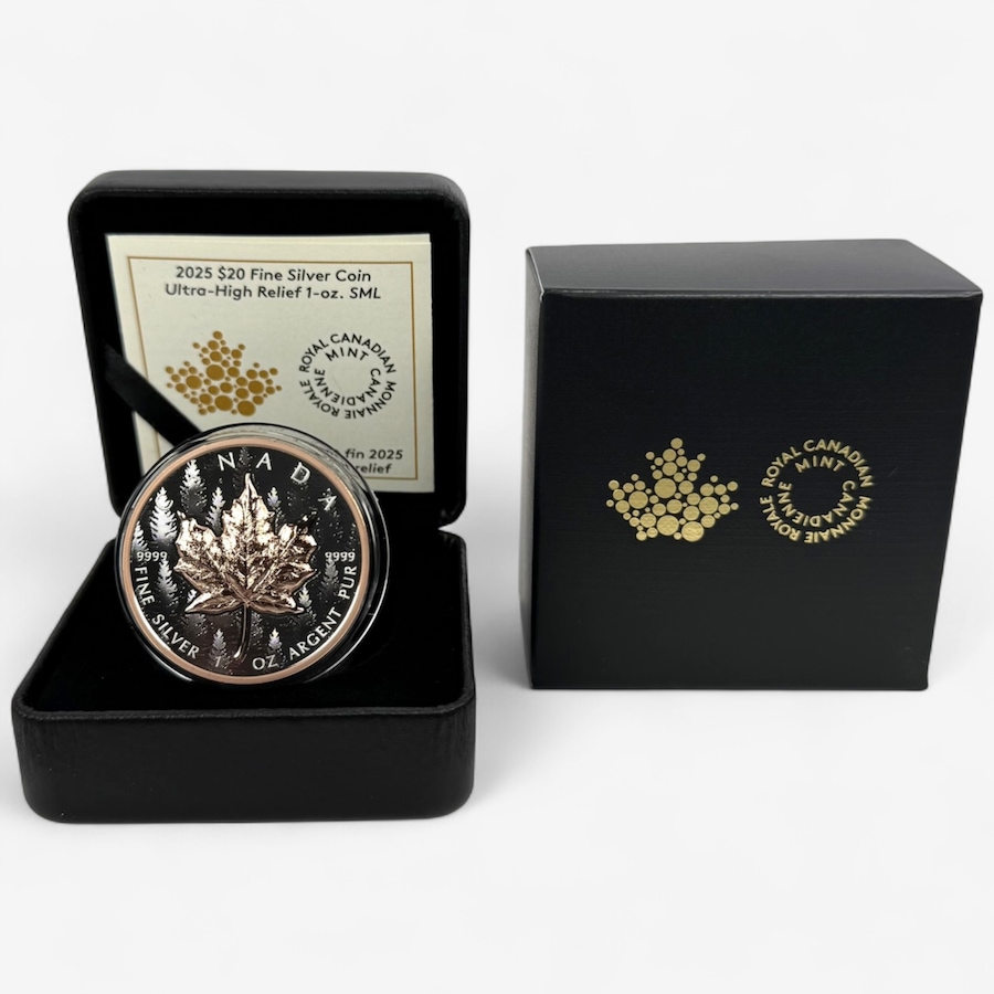Image 703176.jpg, Product 703-176 / Price $249.95, 2025 $20 Ultra High Relief 1 oz Silver Maple Leaf with Selective Rose Gold Plating from Royal Canadian Mint (RCM) on TSC.ca's Coins department