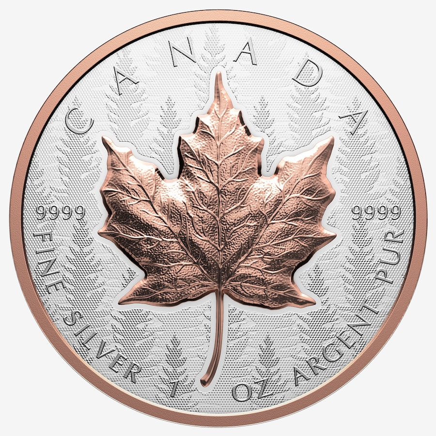 Image 703176_ALTMORE1.jpg, Product 703-176 / Price $249.95, 2025 $20 Ultra High Relief 1 oz Silver Maple Leaf with Selective Rose Gold Plating from Royal Canadian Mint (RCM) on TSC.ca's Coins department