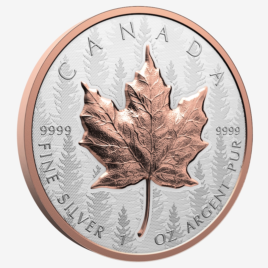 Image 703176_ALTMORE2.jpg, Product 703-176 / Price $249.95, 2025 $20 Ultra High Relief 1 oz Silver Maple Leaf with Selective Rose Gold Plating from Royal Canadian Mint (RCM) on TSC.ca's Coins department