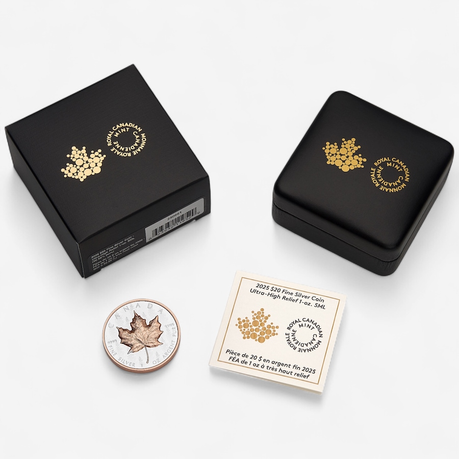 Image 703176_ALTMORE4.jpg, Product 703-176 / Price $249.95, 2025 $20 Ultra High Relief 1 oz Silver Maple Leaf with Selective Rose Gold Plating from Royal Canadian Mint (RCM) on TSC.ca's Coins department