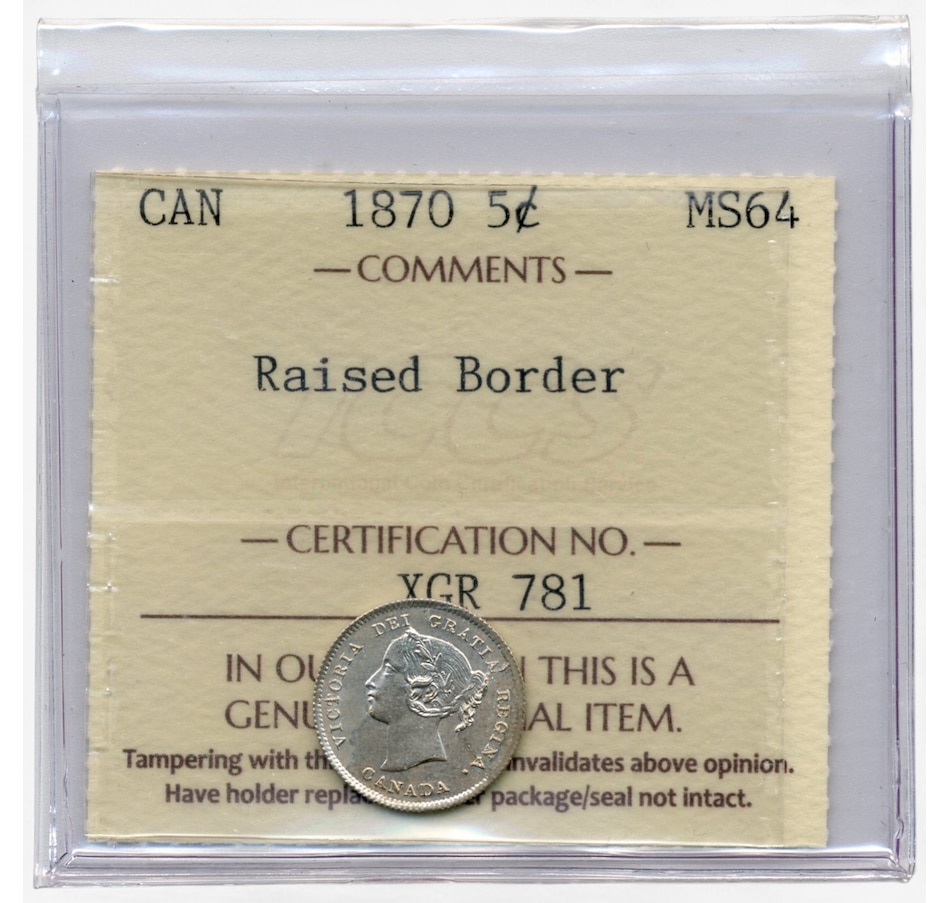 Image 703193.jpg, Product 703-193 / Price $2,095.00, 1870 Canada 5 Cent, Victoria, Raised Border ICCS Certified Choice Uncirculated 64 from The Coin Show with Steven Bromberg on TSC.ca's Coins department