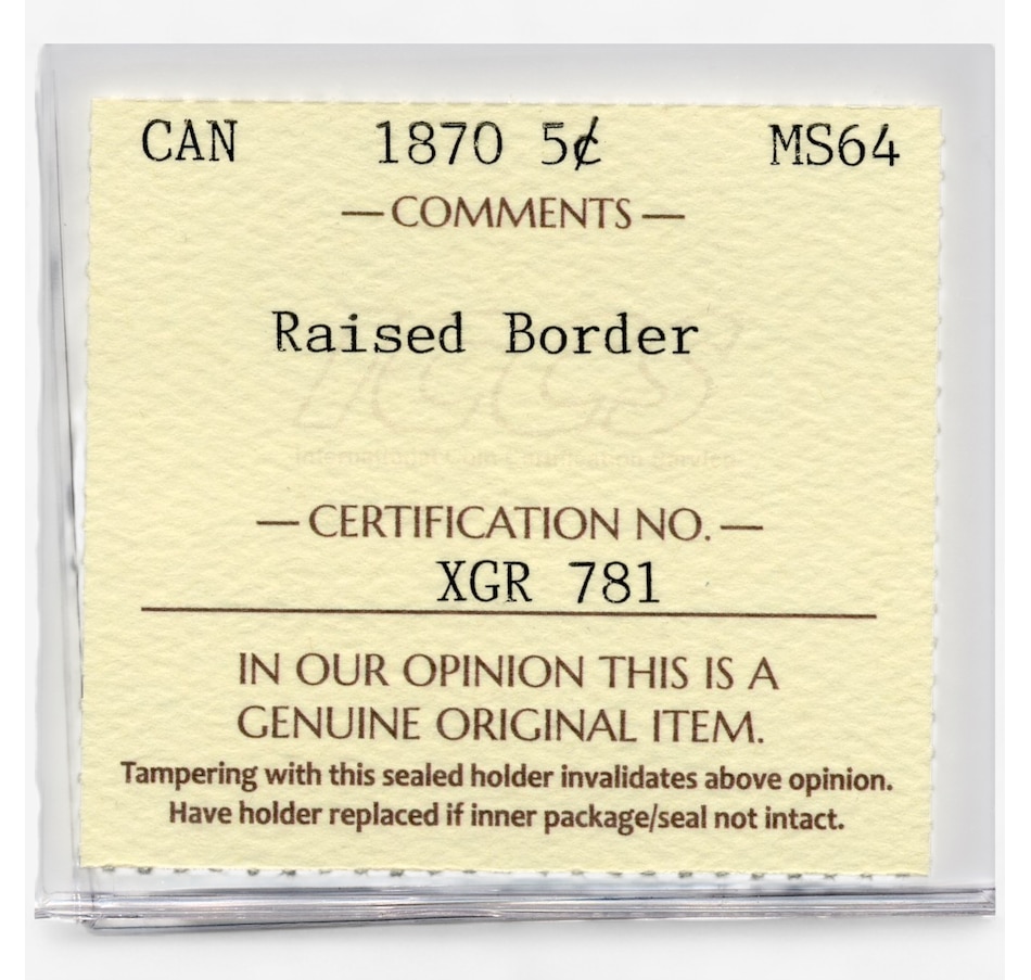 Image 703193_ALTMORE2.jpg, Product 703-193 / Price $2,095.00, 1870 Canada 5 Cent, Victoria, Raised Border ICCS Certified Choice Uncirculated 64 from The Coin Show with Steven Bromberg on TSC.ca's Coins department