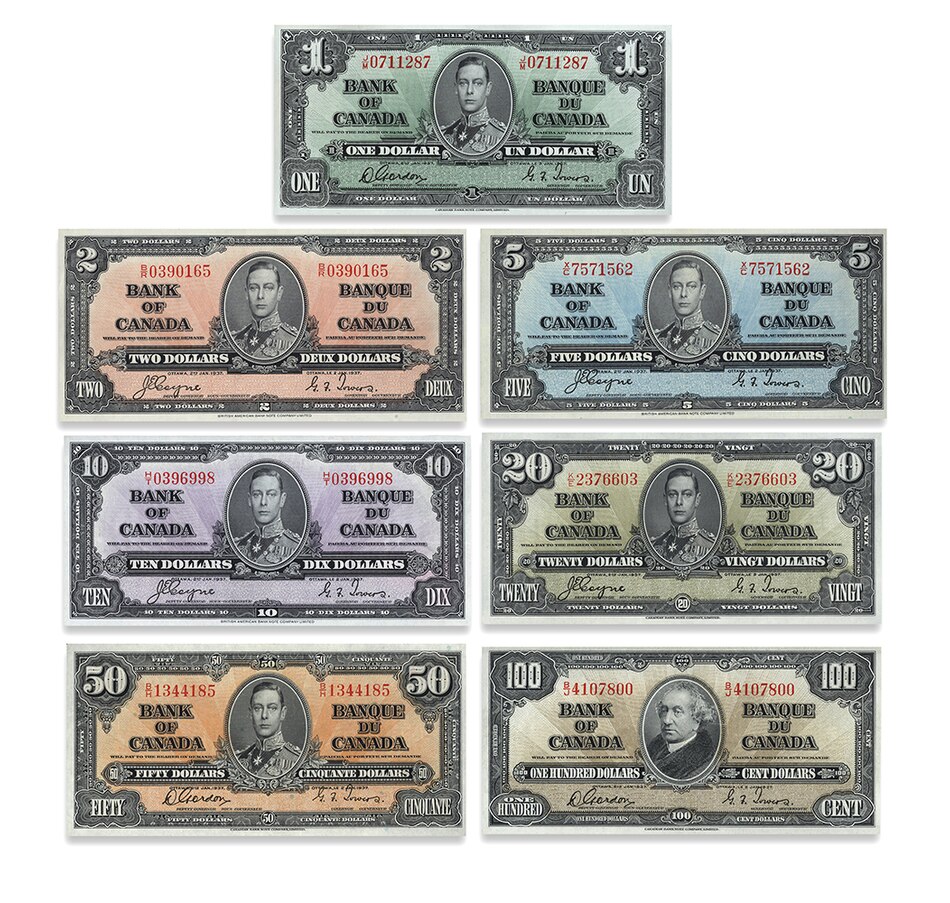 Image 703306.jpg, Product 703-306 / Price $1,495.00, Premium 1937 Paper Money Collection – $1, $2, $5, $10, $20, 50, and $100 Premium High-Grade Very Fine to About Uncirculated Condition from Canadian Coin & Currency on TSC.ca's Coins department