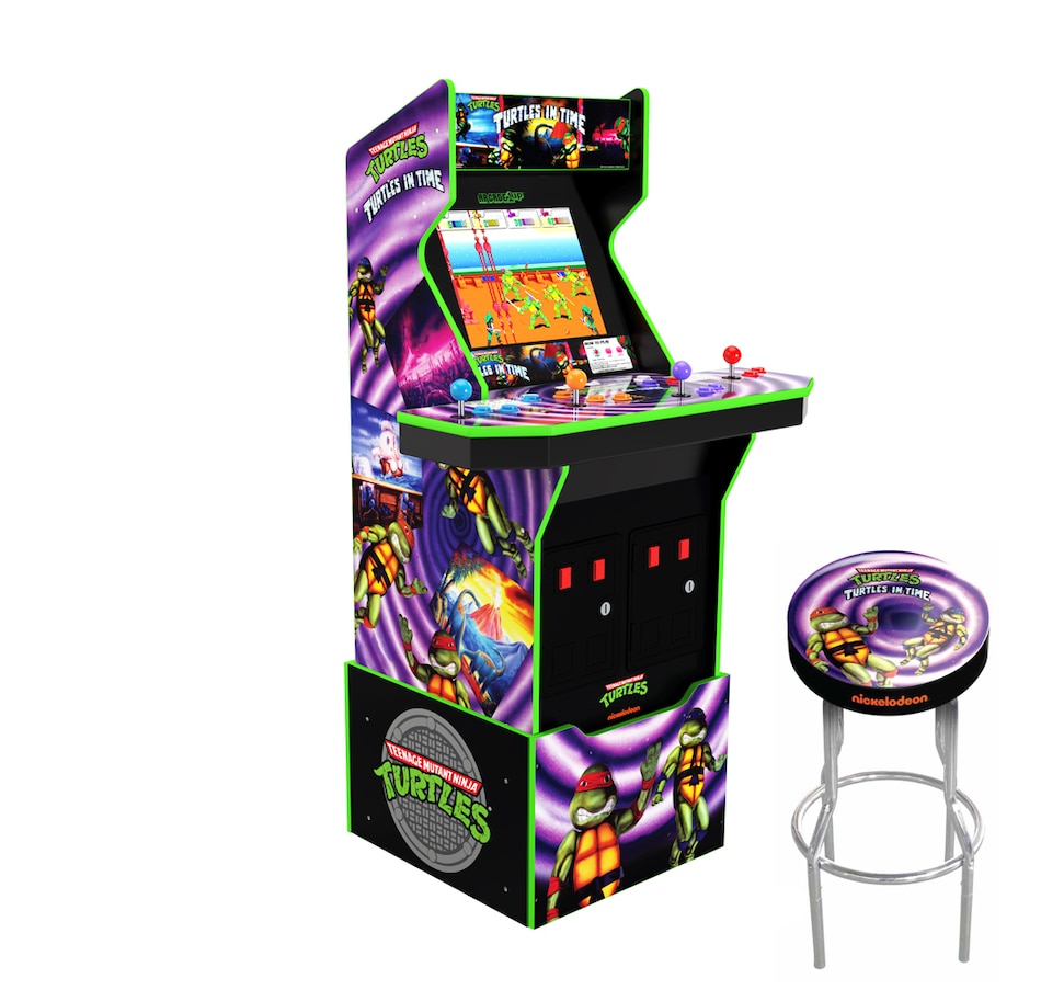 Image 703621.jpg, Product 703-621 / Price $829.99, Arcade1Up Turtles in Time with Riser, Light-Up Marquee, Light-Up Deck Protector and Exclusive Stool from Arcade1Up on TSC.ca's Electronics department