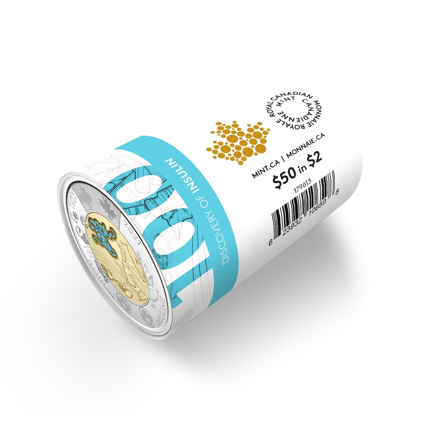 Image 703707.jpg, Product 703-707 / Price $99.95, 2021 $2 Special Wrap Roll 100th Anniversary of the Discovery of Insulin (colour, 25 coins per roll) from Royal Canadian Mint (RCM) on TSC.ca's Coins department