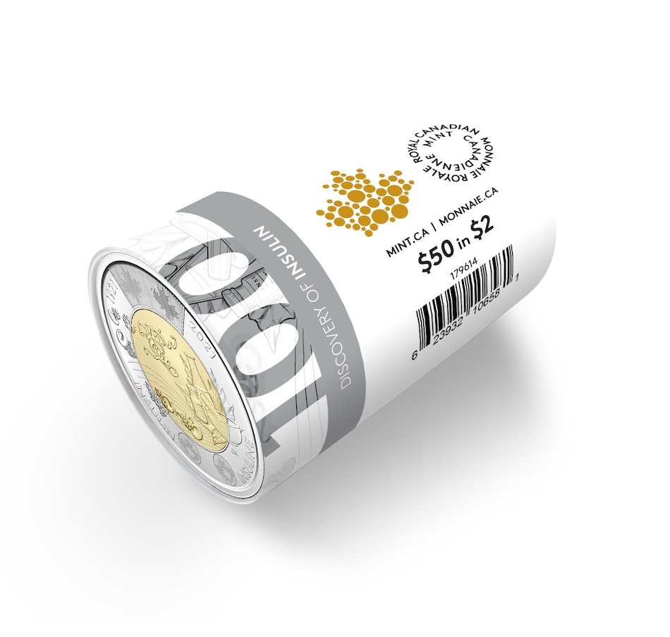 Image 703708.jpg, Product 703-708 / Price $99.95, 2021 $2 Special Wrap Roll 100th Anniversary of the Discovery of Insulin (classic engraved, 25 coins per roll) from Royal Canadian Mint (RCM) on TSC.ca's Coins department