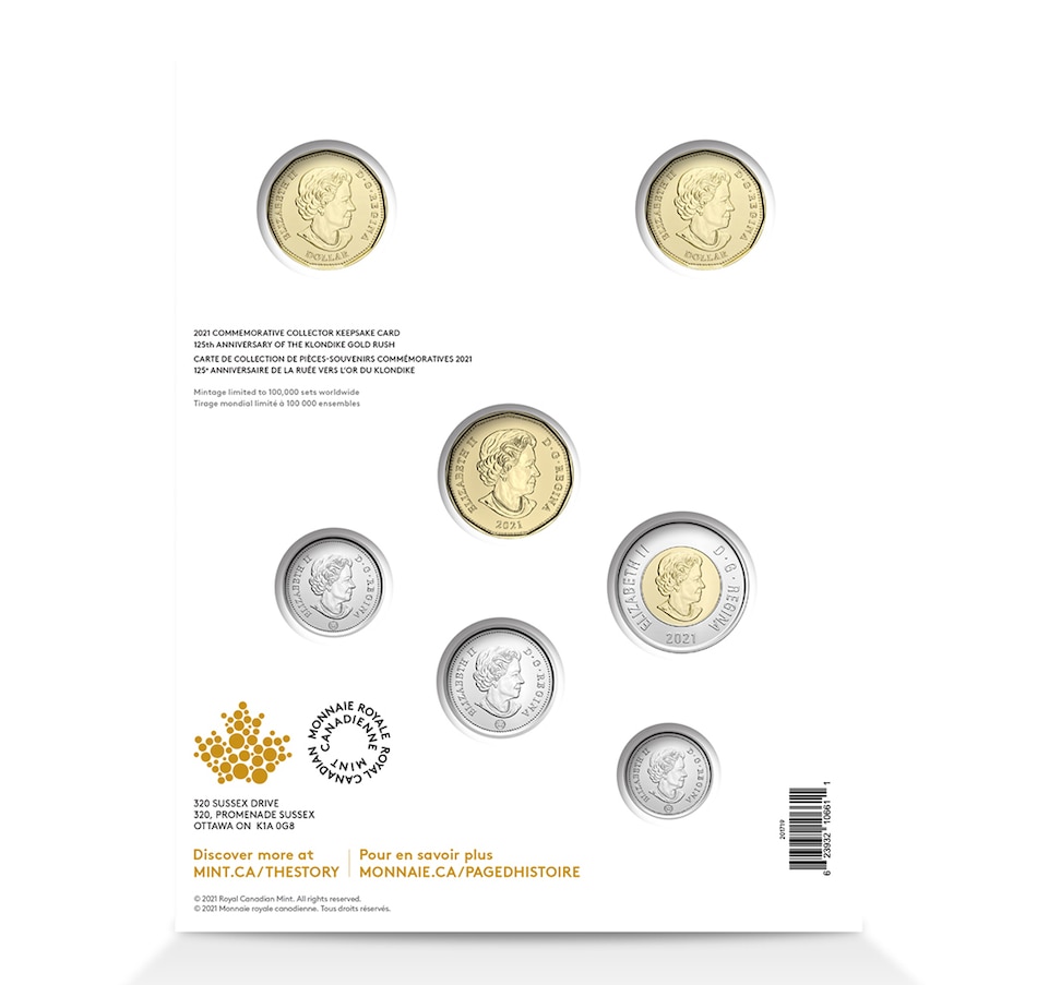 Image 703720_ALTMORE1.jpg, Product 703-720 / Price $24.94, Numismatic Uncirculated Keepsake Set - Seven Coins including Two Different $1 Commemorative Coins - 125th Anniversary of the Klondike Gold Rush from Royal Canadian Mint (RCM) on TSC.ca's Coins department