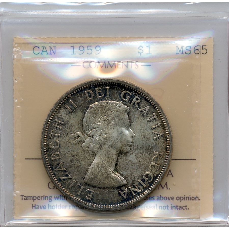 Image 703734.jpg, Product 703-734 / Price $585.00, 1959 Gem Uncirculated Silver Dollar ICCS Certified MS-65 from Canadian Coin & Currency on TSC.ca's Coins department