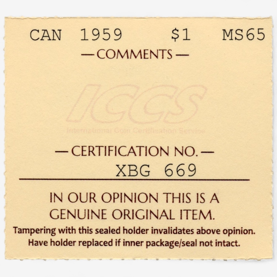 Image 703734_ALTMORE2.jpg, Product 703-734 / Price $585.00, 1959 Gem Uncirculated Silver Dollar ICCS Certified MS-65 from Canadian Coin & Currency on TSC.ca's Coins department