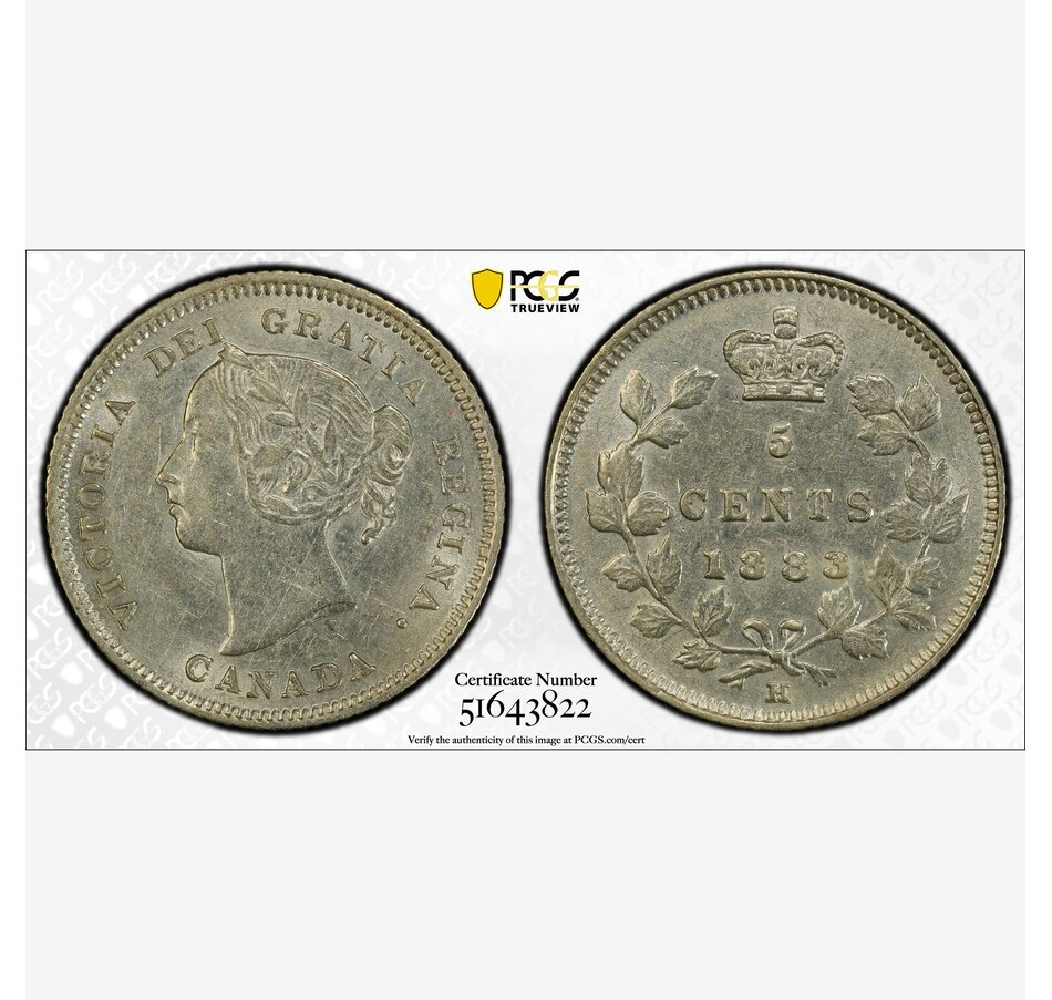 Image 703735.jpg, Product 703-735 / Price $950.00, Canada 1883-H 5 Cent Coin PCGS Certified About Uncirculated 55 from The Coin Show with Steven Bromberg on TSC.ca's Coins department