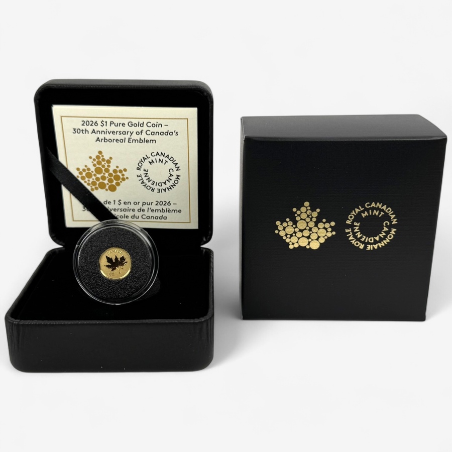 Image 703739.jpg, Product 703-739 / Price $229.95, 2026 0.5 Gram Fine Gold Dollar Coin 30th Anniversary of Maple Leaf Arboreal Emblem from Royal Canadian Mint (RCM) on TSC.ca's Coins department