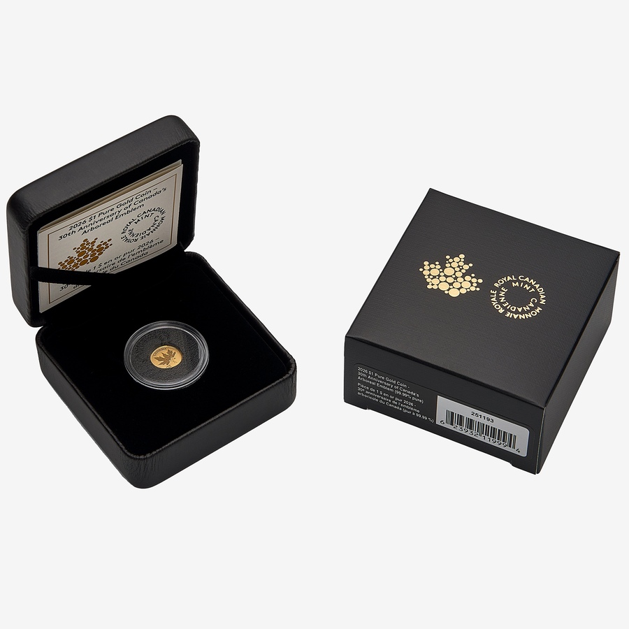 Image 703739_ALTMORE3.jpg, Product 703-739 / Price $229.95, 2026 0.5 Gram Fine Gold Dollar Coin 30th Anniversary of Maple Leaf Arboreal Emblem from Royal Canadian Mint (RCM) on TSC.ca's Coins department