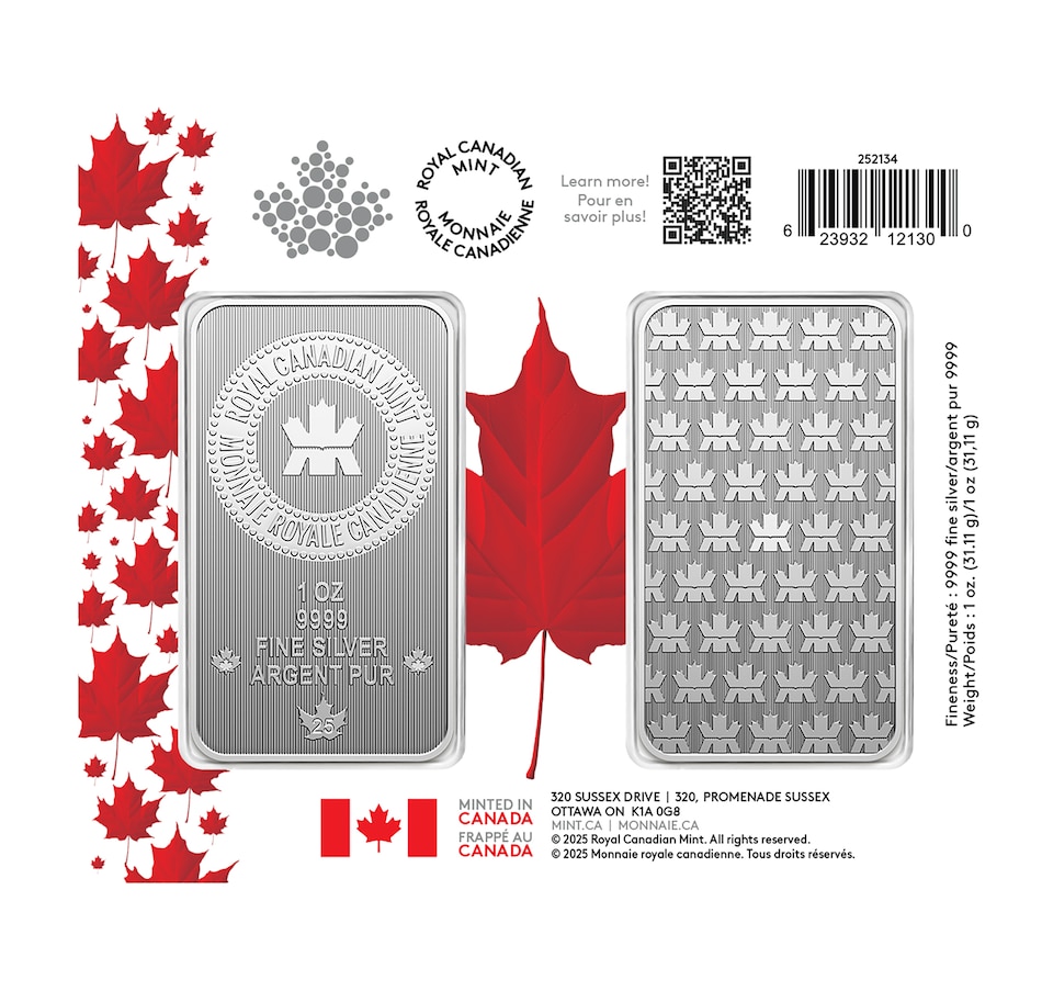 Image 703742.jpg, Product 703-742 / Price $94.95, 2025 1 Ounce Proudly Canadian Royal Canadian Mint Silver Bar from Royal Canadian Mint (RCM) on TSC.ca's Coins department