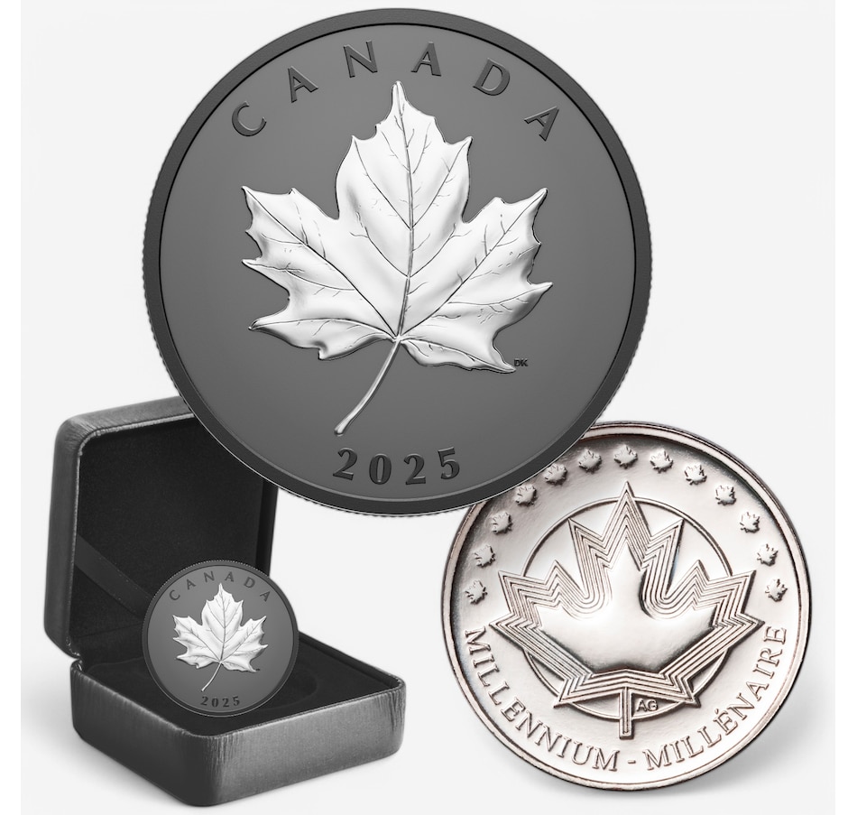 Image 703921.jpg, Product 703-921 / Price $149.95, 2025 $20 Elegant Maple Leaf Coin One Ounce Fine Silver with Selective Black Rhodium Plus Exclusive Bonus RCM Maple Leaf Medallion from Royal Canadian Mint (RCM) on TSC.ca's Coins department