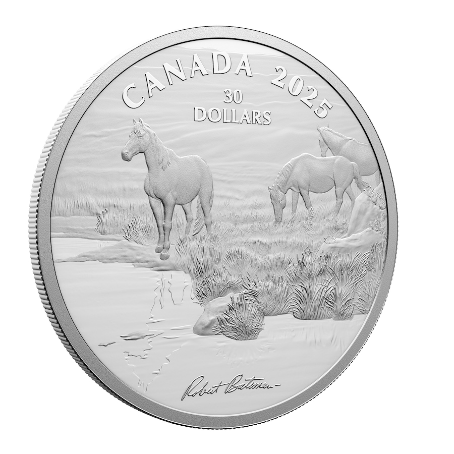 Image 703922.jpg, Product 703-922 / Price $249.95, 2025 $30 Mustang Country Robert Bateman Two-Ounce Fine Silver Coin from Royal Canadian Mint (RCM) on TSC.ca's Coins department