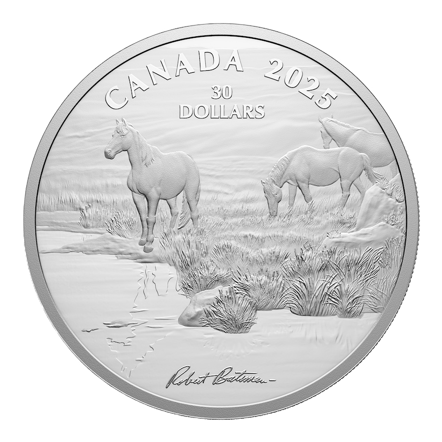 Image 703922_ALTMORE1.jpg, Product 703-922 / Price $249.95, 2025 $30 Mustang Country Robert Bateman Two-Ounce Fine Silver Coin from Royal Canadian Mint (RCM) on TSC.ca's Coins department