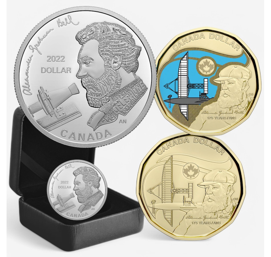 Image 703925.jpg, Product 703-925 / Price $89.95, 2022 Proof Silver Dollar Alexander Graham Bell plus Exclusive Bonus Bell Dollar Coins, Classic and Coloured from Royal Canadian Mint (RCM) on TSC.ca's Coins department