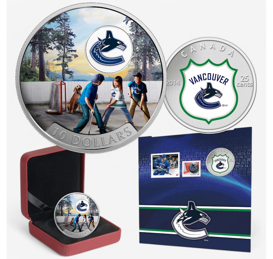 Image 703926.jpg, Product 703-926 / Price $104.90, 2017 Vancouver Canuks $10 Fine Silver Coin Passion to Play plus Bonus 2014 NHL Coin and Stamp Gift Set from Royal Canadian Mint (RCM) on TSC.ca's Coins department