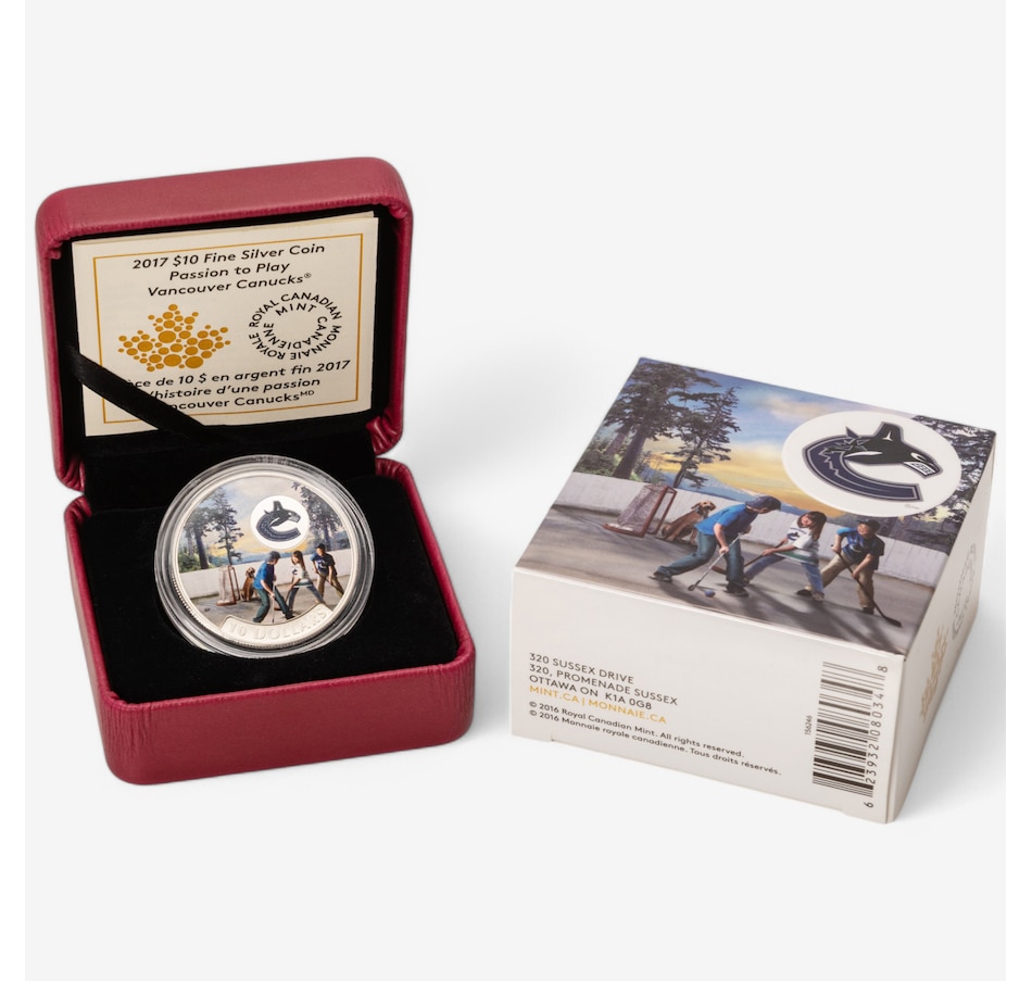 Image 703926_ALTMORE1.jpg, Product 703-926 / Price $104.90, 2017 Vancouver Canuks $10 Fine Silver Coin Passion to Play plus Bonus 2014 NHL Coin and Stamp Gift Set from Royal Canadian Mint (RCM) on TSC.ca's Coins department