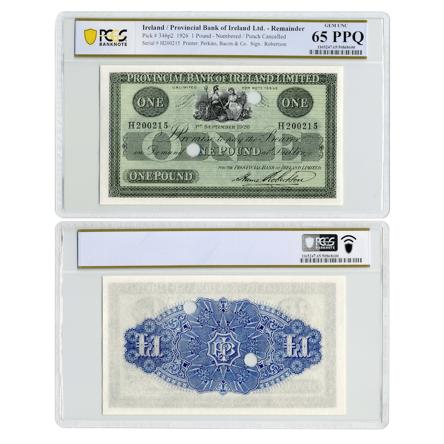 Image 703927.jpg, Product 703-927 / Price $349.95, Provincial Bank of Ireland £1 1926 PCGS Certified Gem Uncirculated 65 PPQ from Canadian Coin & Currency on TSC.ca's Coins department