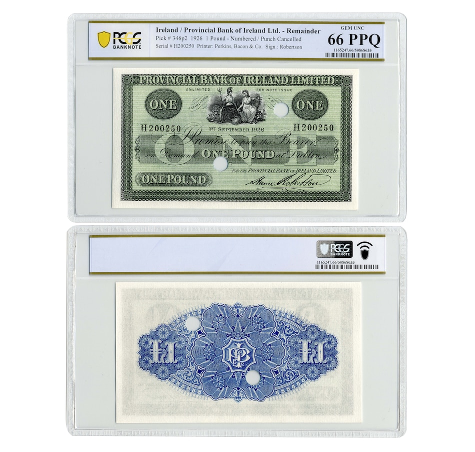 Image 703928.jpg, Product 703-928 / Price $449.95, Provincial Bank of Ireland £1 1926 PCGS Certified Gem Uncirculated 66 PPQ from Canadian Coin & Currency on TSC.ca's Coins department