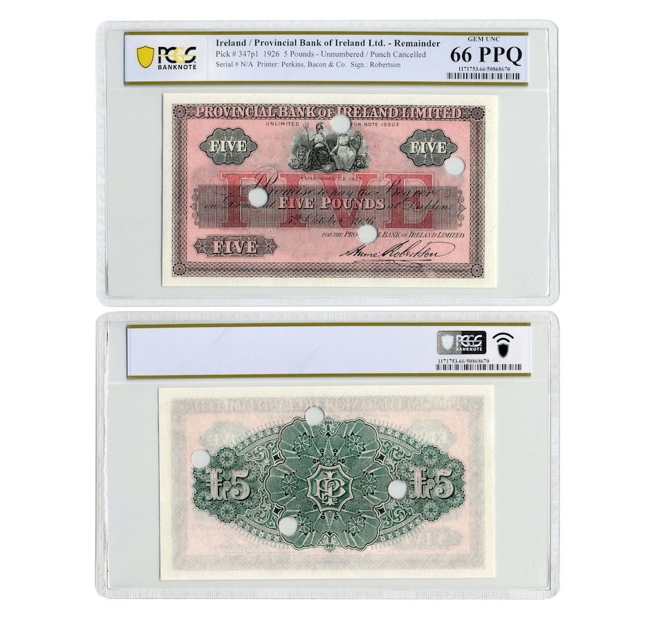 Image 703929.jpg, Product 703-929 / Price $499.95, Provincial Bank of Ireland £5 1926 PCGS Certified Gem Uncirculated 66 PPQ from Canadian Coin & Currency on TSC.ca's Coins department