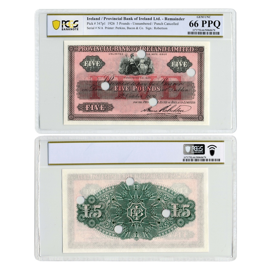 Image 703929.jpg, Product 703-929 / Price $279.95, Provincial Bank of Ireland £5 1926 PCGS Certified Gem Uncirculated 66 PPQ from Canadian Coin & Currency on TSC.ca's Coins department