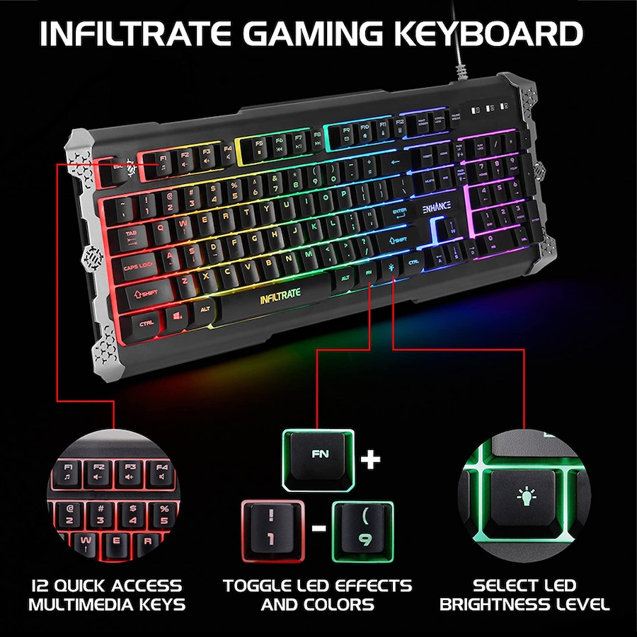 Image 704211_ALTMORE2.jpg, Product 704-211 / Price $49.99, Enhance Infiltrate Membrane Gaming Keyboard (ENINKNL100BKUS) from Enhance on TSC.ca's Electronics department