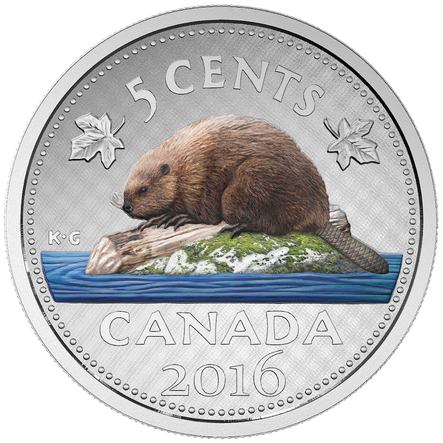 Image 704505.jpg, Product 704-505 / Price $899.95, 2016 Beaver Five Cents Big Coin Five-Ounce Fine Silver with Colour from Royal Canadian Mint (RCM) on TSC.ca's Coins department
