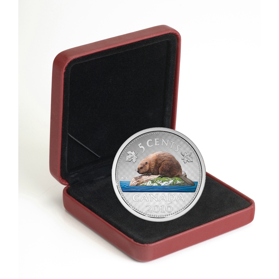 Image 704505_ALTMORE2.jpg, Product 704-505 / Price $899.95, 2016 Beaver Five Cents Big Coin Five-Ounce Fine Silver with Colour from Royal Canadian Mint (RCM) on TSC.ca's Coins department