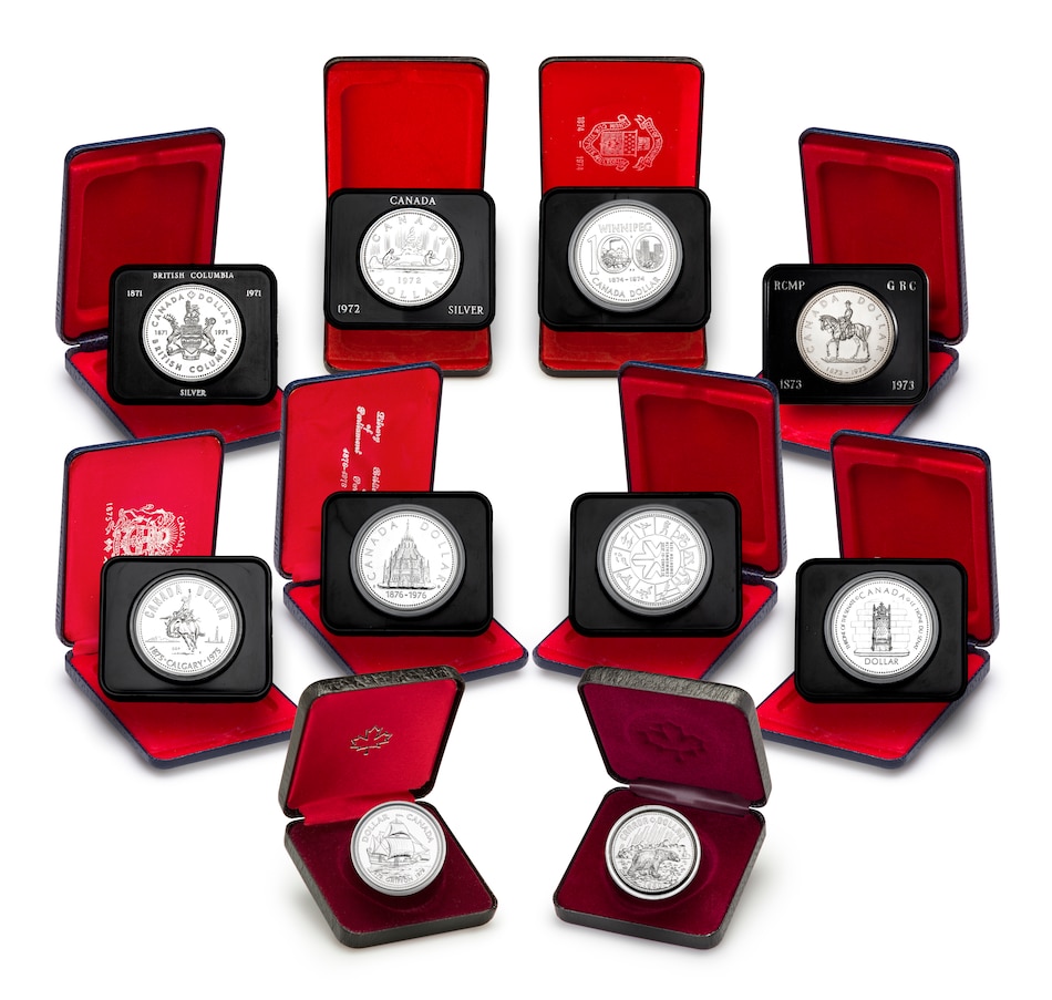 Image 705215.jpg, Product 705-215 / Price $389.95, Complete Cased Proof Silver Dollar Collection, 1971–1980 from Royal Canadian Mint (RCM) on TSC.ca's Coins department