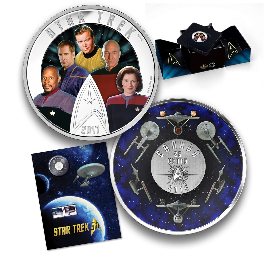 Image 705227.jpg, Product 705-227 / Price $229.90, $30 Fine Silver Coin Star Trek Five Captains plus Star Trek Enterprise 25-Cent Coin and Stamp Set from Royal Canadian Mint (RCM) on TSC.ca's Coins department