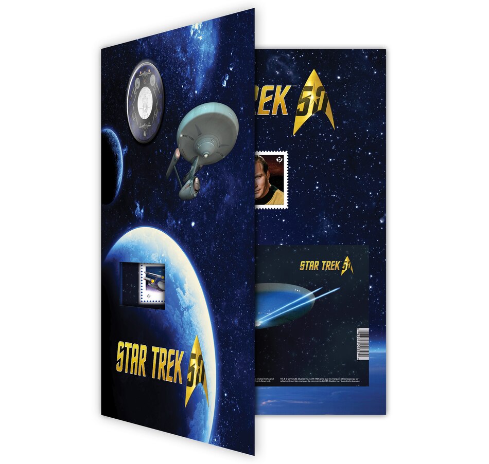 Image 705227_ALTMORE10.jpg, Product 705-227 / Price $229.90, $30 Fine Silver Coin Star Trek Five Captains plus Star Trek Enterprise 25-Cent Coin and Stamp Set from Royal Canadian Mint (RCM) on TSC.ca's Coins department