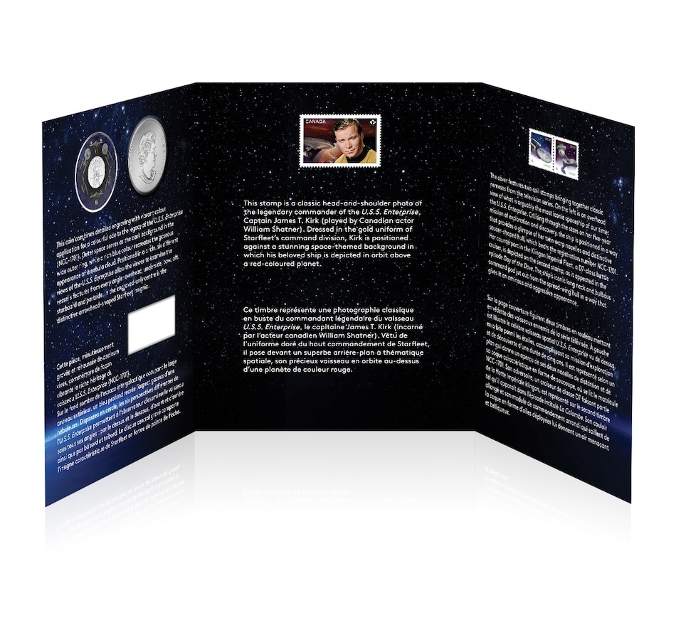Image 705227_ALTMORE11.jpg, Product 705-227 / Price $229.90, $30 Fine Silver Coin Star Trek Five Captains plus Star Trek Enterprise 25-Cent Coin and Stamp Set from Royal Canadian Mint (RCM) on TSC.ca's Coins department