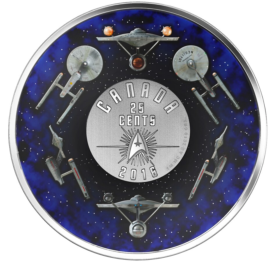 Image 705227_ALTMORE7.jpg, Product 705-227 / Price $229.90, $30 Fine Silver Coin Star Trek Five Captains plus Star Trek Enterprise 25-Cent Coin and Stamp Set from Royal Canadian Mint (RCM) on TSC.ca's Coins department