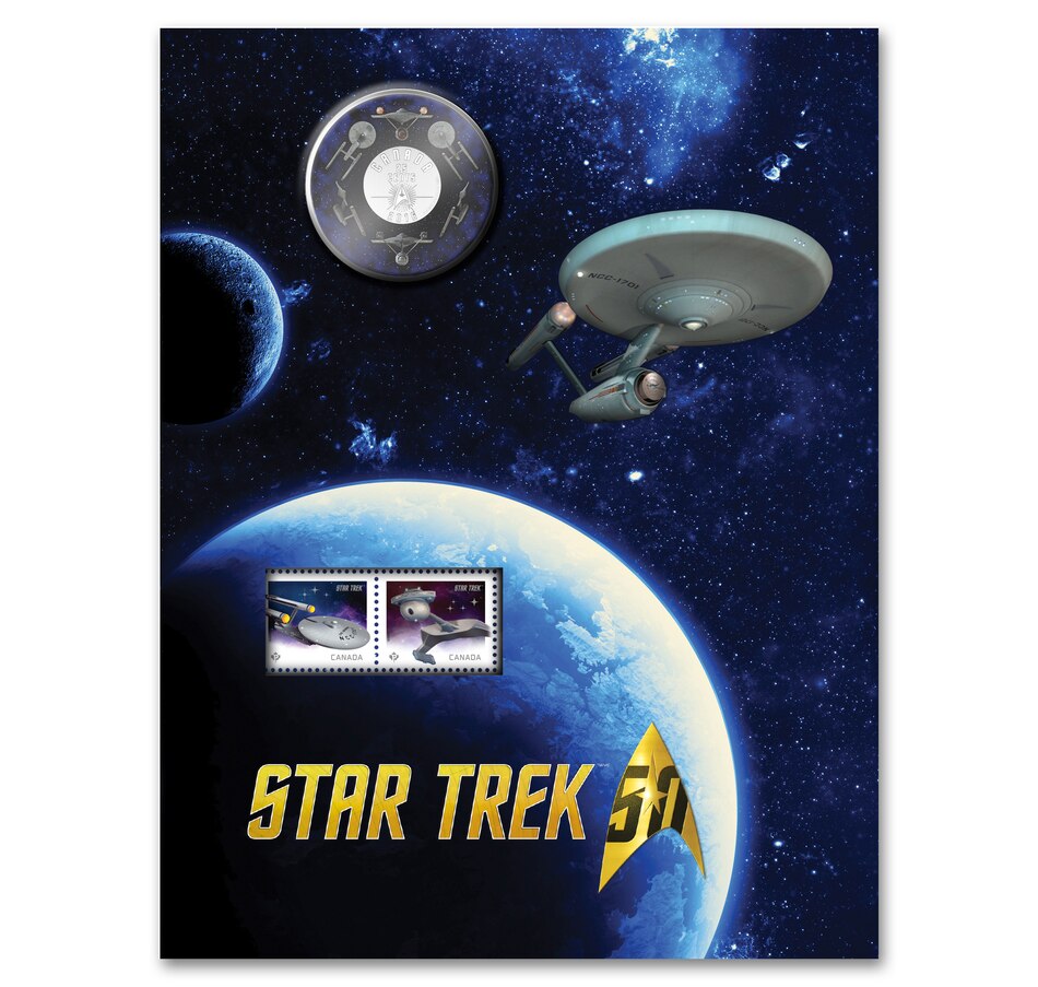 Image 705227_ALTMORE9.jpg, Product 705-227 / Price $229.90, $30 Fine Silver Coin Star Trek Five Captains plus Star Trek Enterprise 25-Cent Coin and Stamp Set from Royal Canadian Mint (RCM) on TSC.ca's Coins department