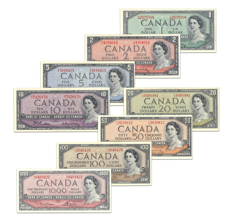 Image 705244.jpg, Product 705-244 / Price $2,995.00, Complete 1954 Modified Paper Money Collection About Uncirculated to Uncirculated ($1, $2, $5, $10, $20, $50, 100 and $1,000) from Canadian Coin & Currency on TSC.ca's Coins department
