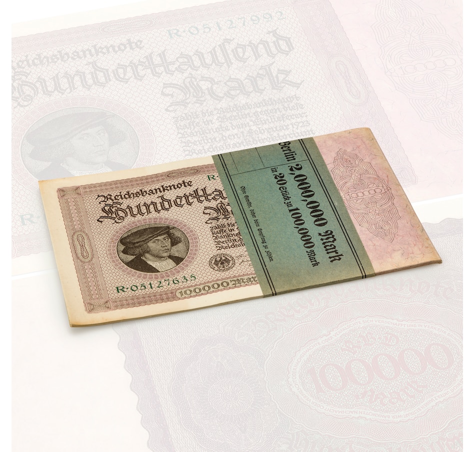 Image 705246.jpg, Product 705-246 / Price $289.95, Original Uncirculated 20-Note Consecutive Bundle 100,000 Mark Notes 1923 with Original Band from Canadian Coin & Currency on TSC.ca's Coins department